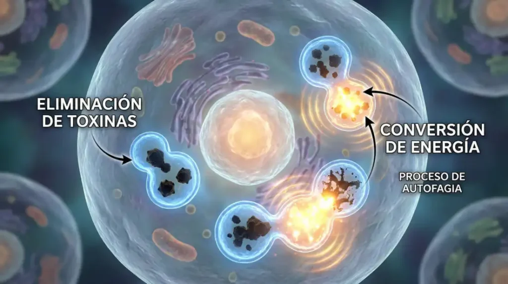 Ilustración médica del proceso de autofagia donde las células se reciclan y eliminan toxinas gracias al ayuno intermitente