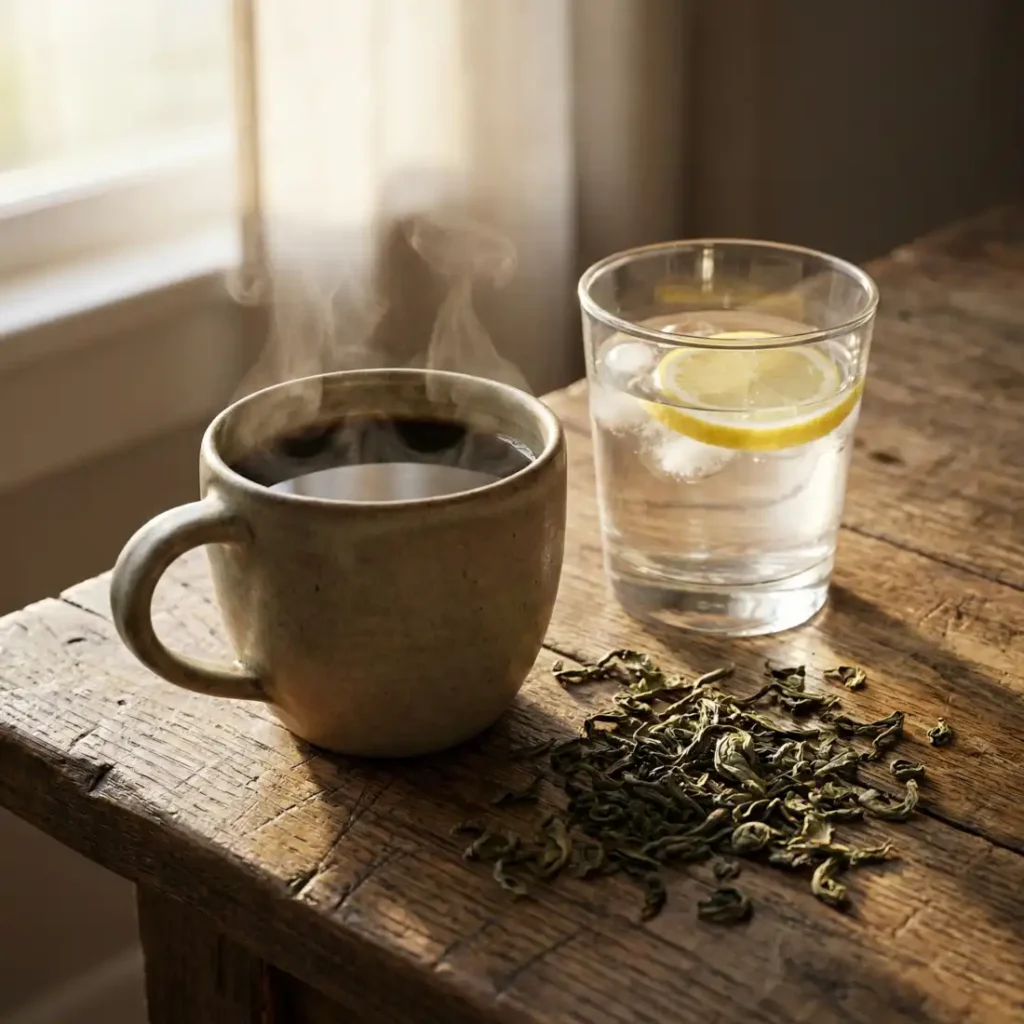 Taza de café negro, agua con limón y té verde sobre una mesa, ejemplos de bebidas que no rompen el ayuno ni elevan la insulina