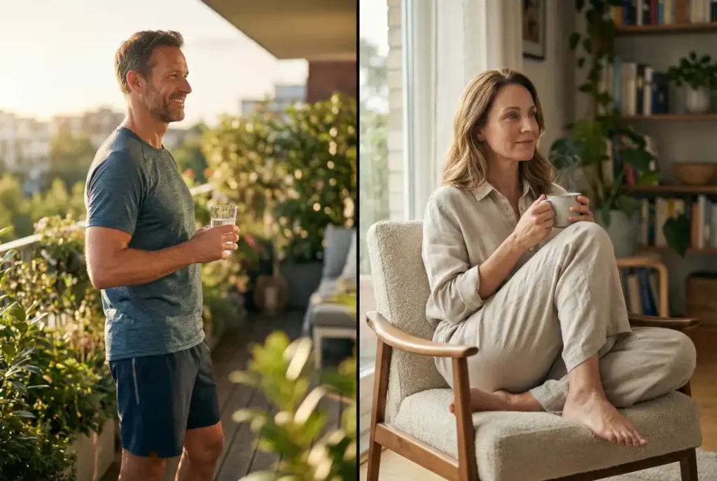 Hombre y mujer de más de 40 años con aspecto saludable y enérgico, representando los beneficios hormonales del ayuno bien aplicado