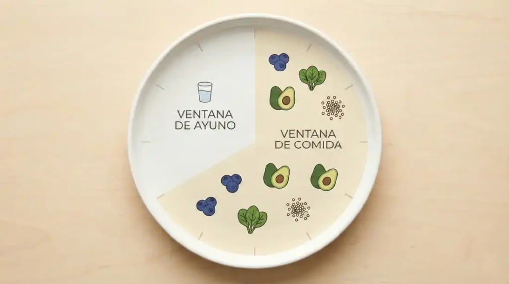 Plato conceptual dividido como un reloj que muestra la ventana de ayuno y la ventana de alimentación para activar el metabolismo después de los 40