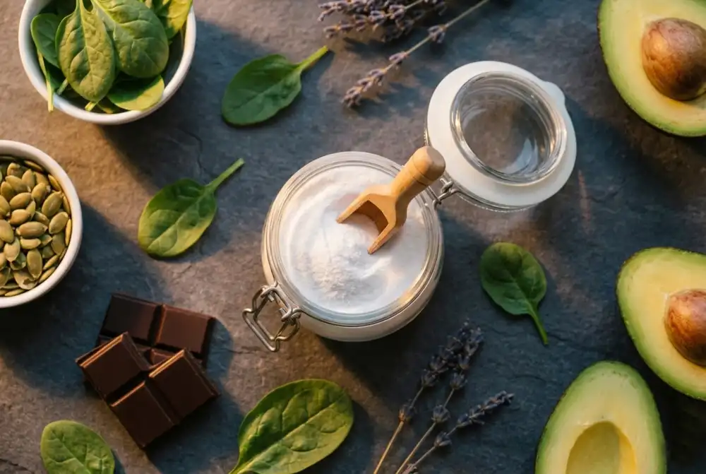 Suplemento de magnesio y fuentes naturales para aliviar el estrés y dormir mejor a los 40