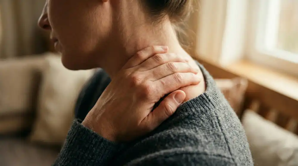 Mujer con una fuerte contractura en el cuello debido al estrés crónico dolor de cuello