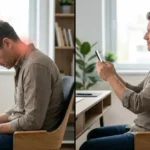 Hombre de 40 años sufriendo dolor de cuello y contractura severa por usar el celular