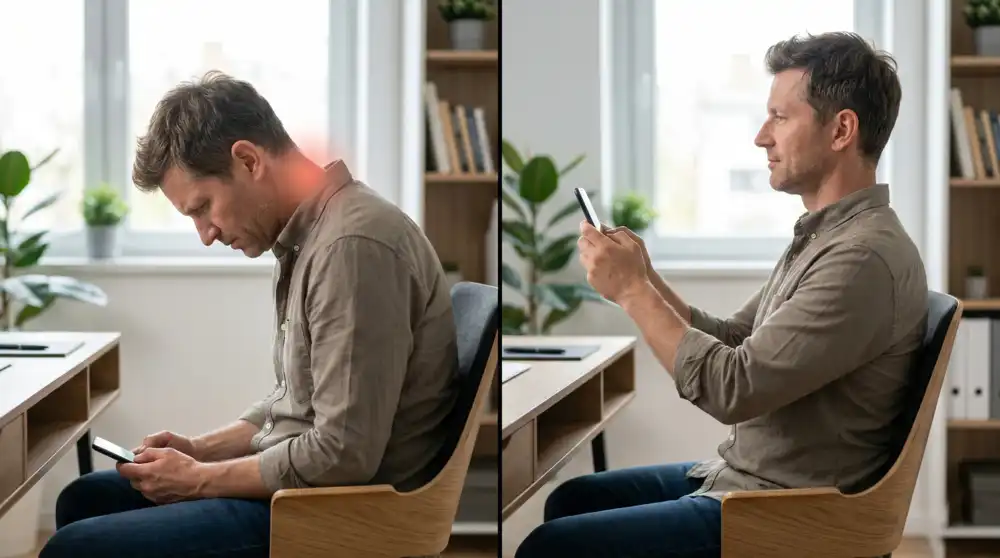 Hombre de 40 años sufriendo dolor de cuello y contractura severa por usar el celular