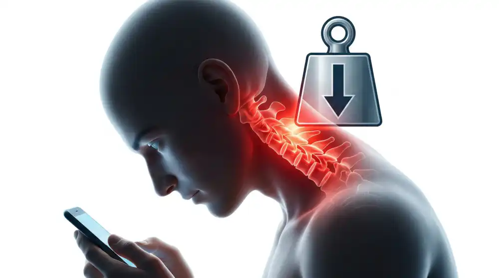 Infografía sobre cómo la mala postura al mirar pantallas genera dolor cervical y desgaste