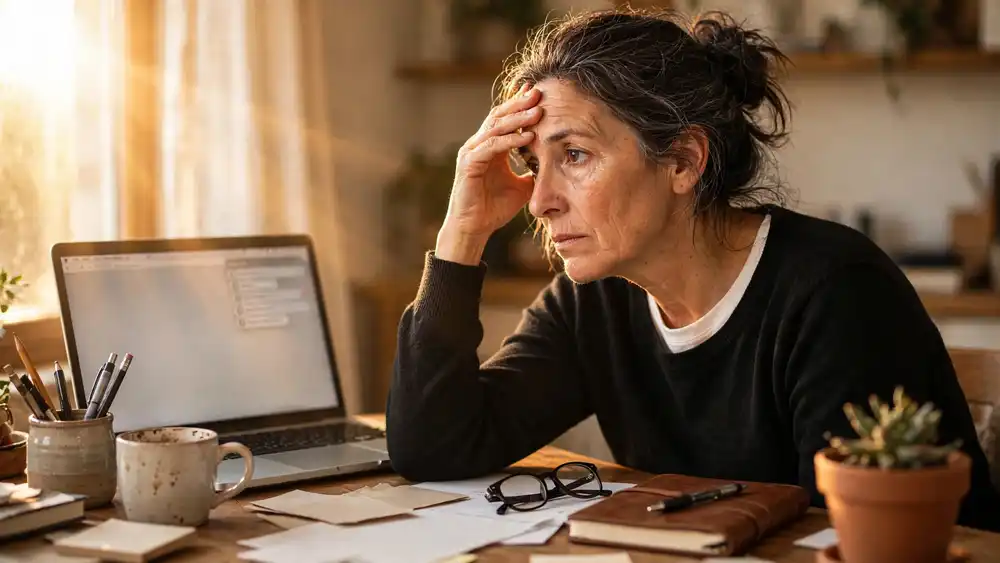 Persona de 40 años mostrando signos de burnout en su escritorio de trabajo