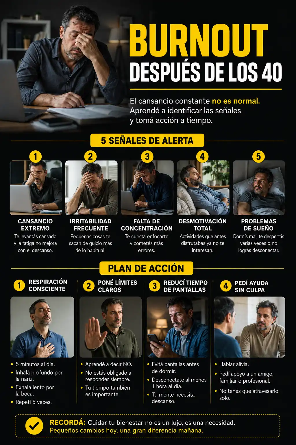 Infografía resumen: señales del burnout después de los 40 y plan de recuperación