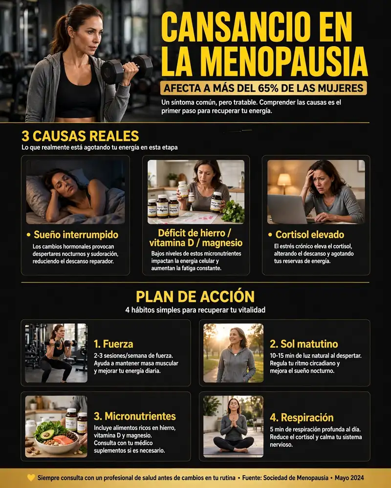 Infografía resumen: causas del cansancio en la menopausia y plan para recuperar energía