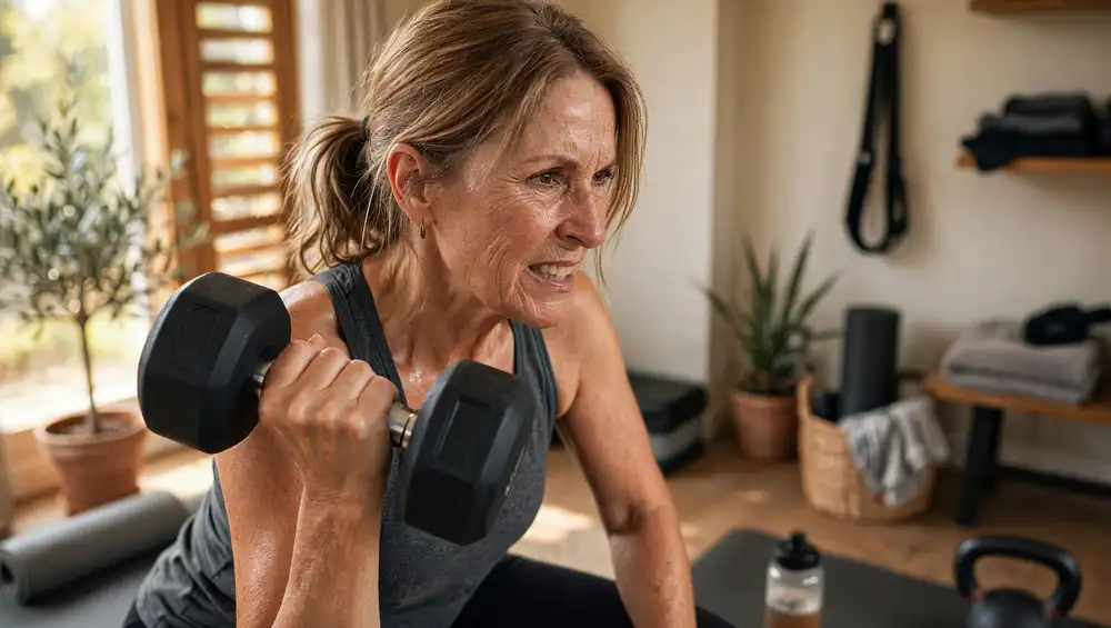Mujer de 40 años entrenando fuerza para recuperar energía en la menopausia