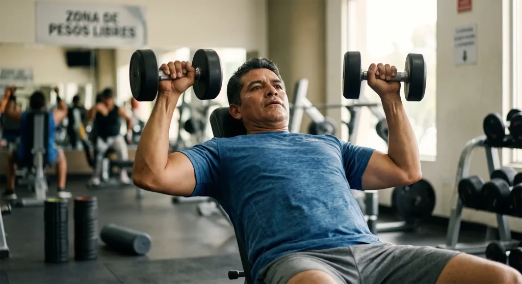 Hombre de 40 años haciendo entrenamiento de fuerza para prevenir la sarcopenia