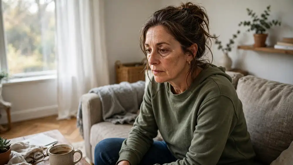 Mujer mostrando signos de cansancio y falta de energía durante la menopausia