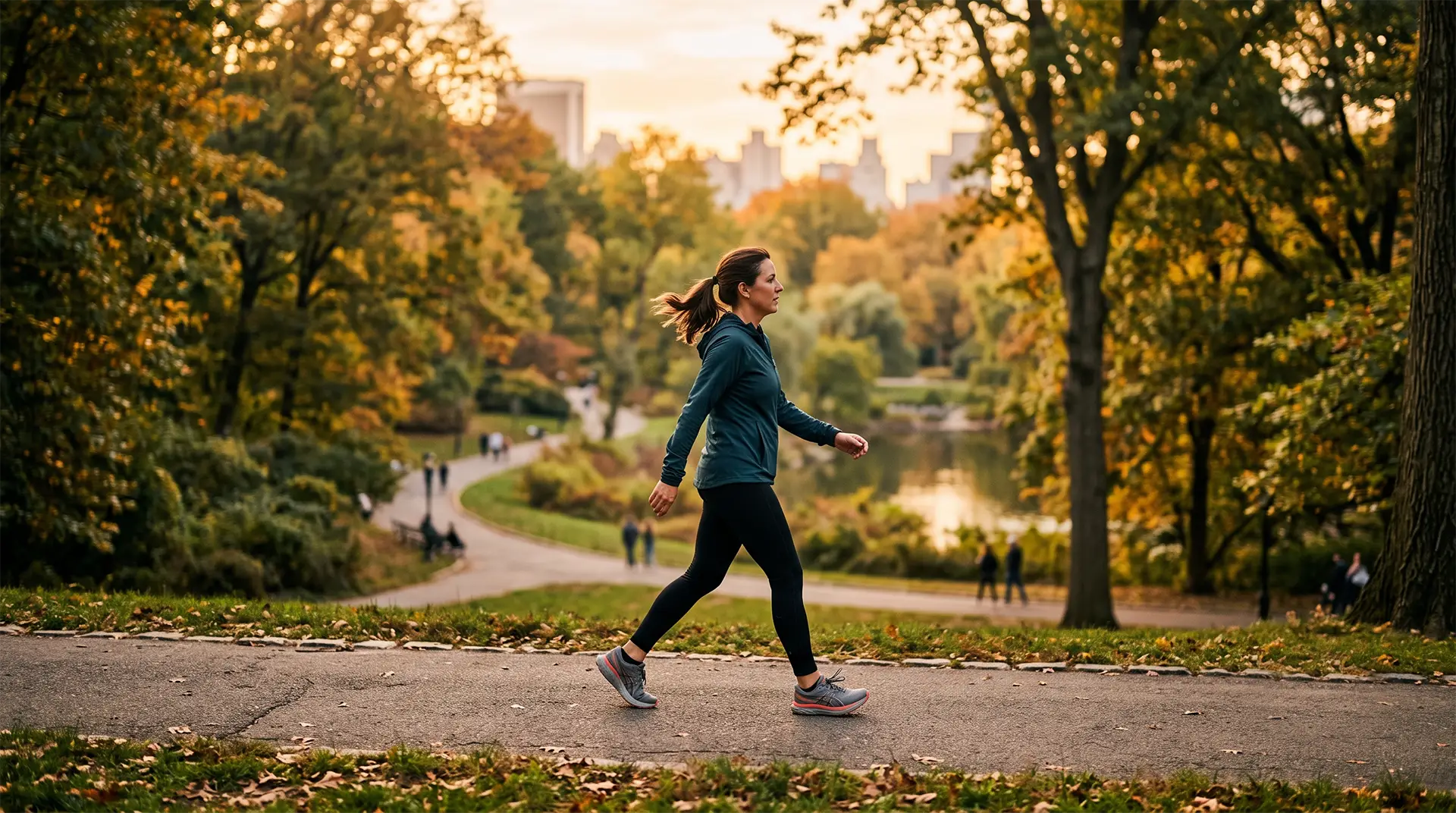 Mujer mayor de 40 años caminando en el parque, señal de buena movilidad