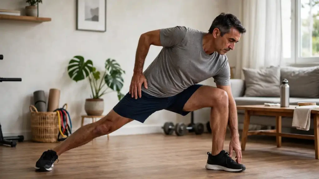 Persona de 40 años haciendo calentamiento antes de entrenar para evitar lesiones