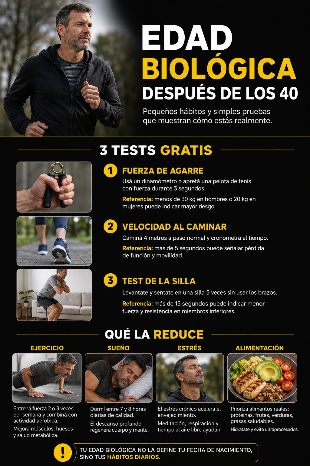 Infografía resumen: qué es la edad biológica, cómo medirla gratis y cómo reducirla después de los 40