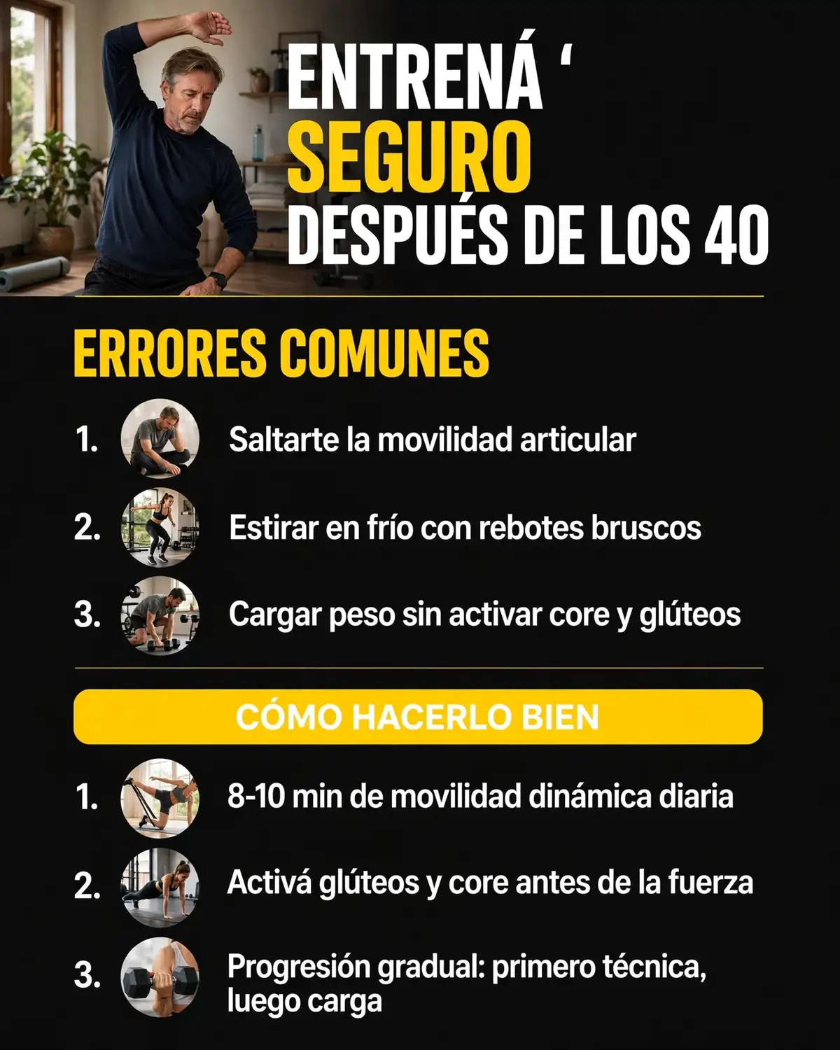 Infografía resumen: cómo evitar lesiones al entrenar después de los 40