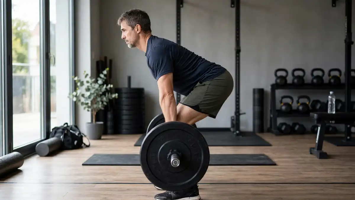 Persona de 40 años entrenando con técnica correcta para evitar lesiones
