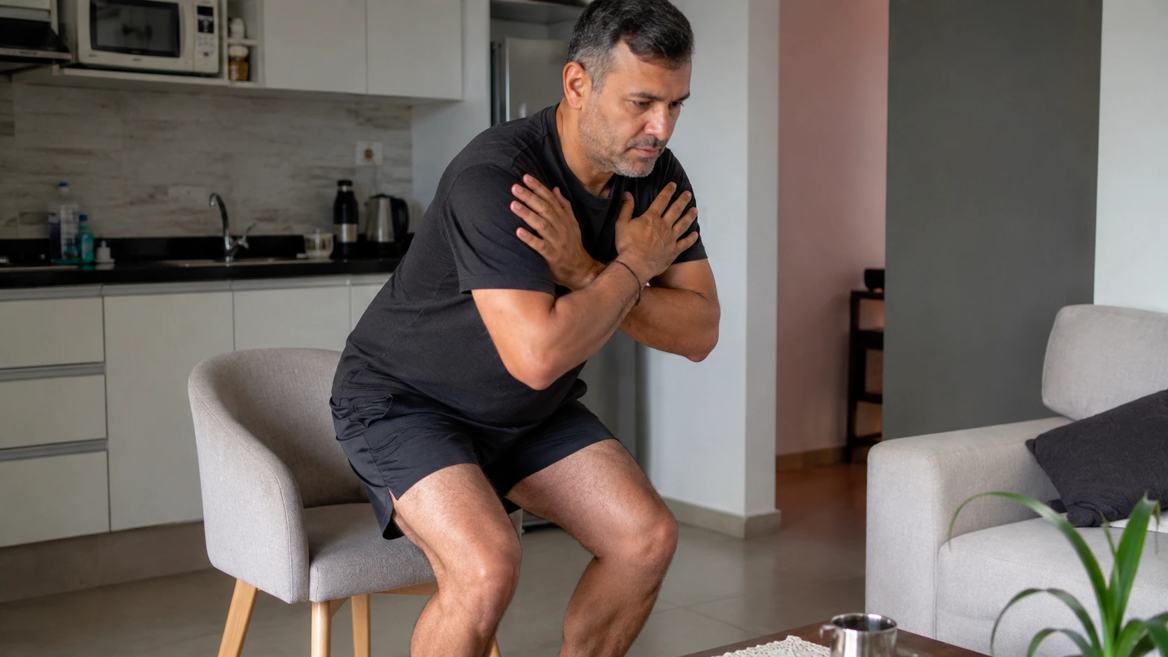 Persona de 40 años probando el test de pararse de una silla sin usar las manos