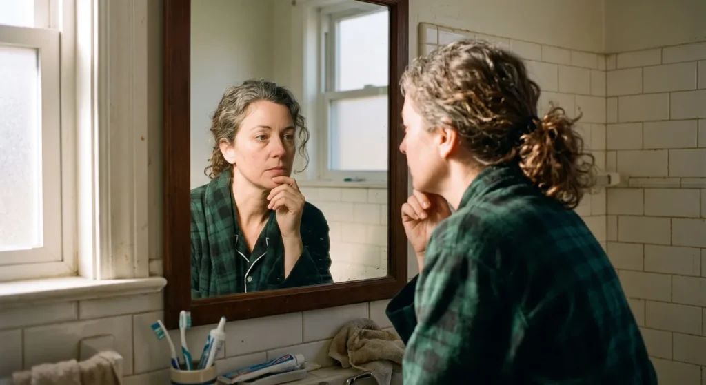 Persona de más de 40 años observando su rostro en el espejo por la mañana