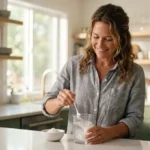 Persona de más de 40 años preparando una toma de creatina en la cocina de su casa