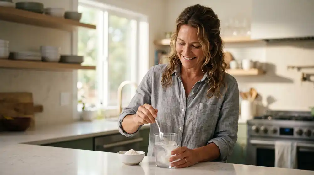 Persona de más de 40 años preparando una toma de creatina en la cocina de su casa