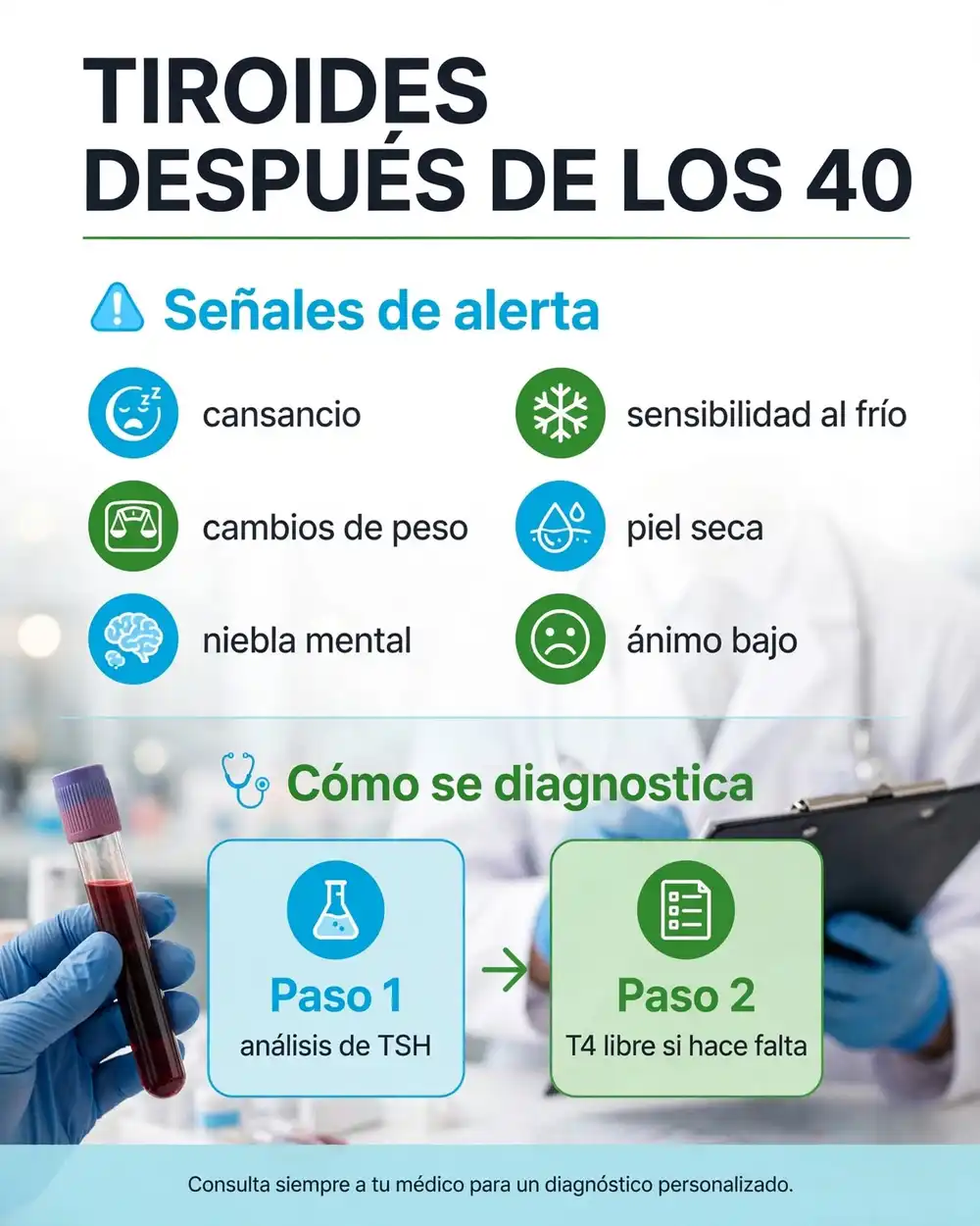 Infografía con las señales de alerta de la tiroides después de los 40 y cómo se diagnostica