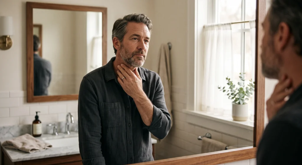 Persona de más de 40 años tocándose el cuello frente al espejo Tiroides despues de los 40
