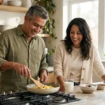 Pareja de más de 40 años preparando juntos un desayuno con huevos y mucha proteina en una cocina luminosa