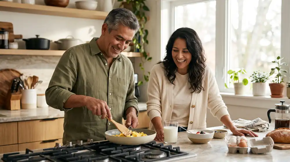 Pareja de más de 40 años preparando juntos un desayuno con huevos y mucha proteina en una cocina luminosa