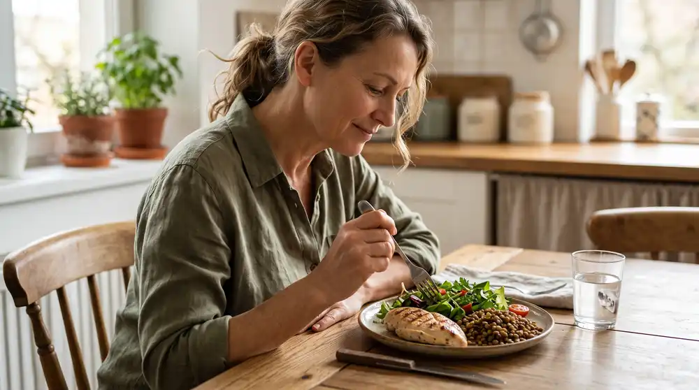 Mujer de unos 50 años almorzando un plato con pollo, lentejas y ensalada