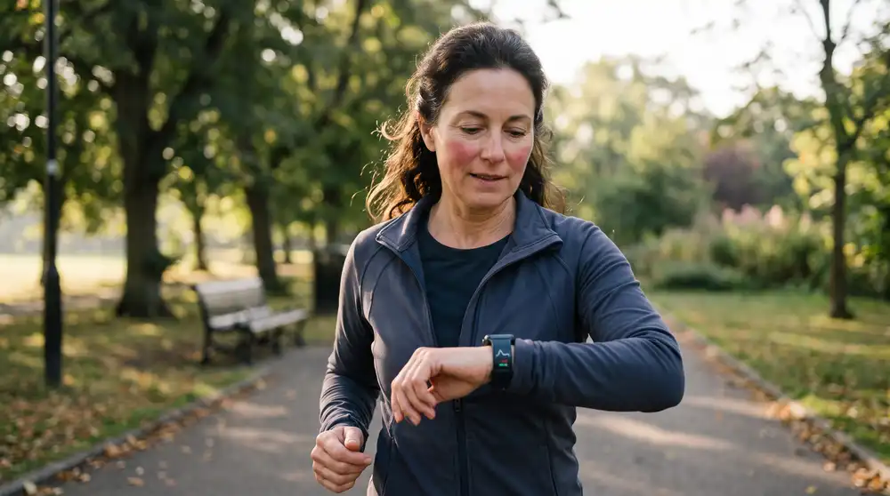 Mujer de unos 50 años caminando a paso rápido por un parque mientras mira su reloj inteligente