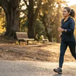 vo2 max Mujer de unos 50 años caminando a paso rápido cuesta arriba por un parque al atardecer