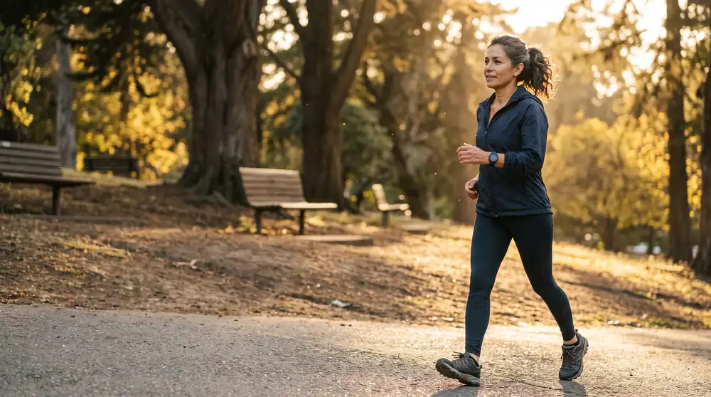 vo2 max Mujer de unos 50 años caminando a paso rápido cuesta arriba por un parque al atardecer